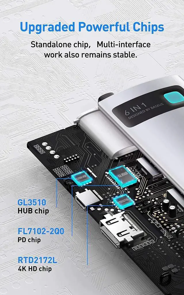 Alt view image 4 of 7 - 6-in-1 USB C Hub, Baseus Docking Station with 4K HDMI, 100W PD Charging, 3 USB 3.0 Ports, 1000Mbps Ethernet Port, USB C Adapter Compatible with MacBook Pro, Surface, Dell, HP and Other USB-C LaptopsSM
