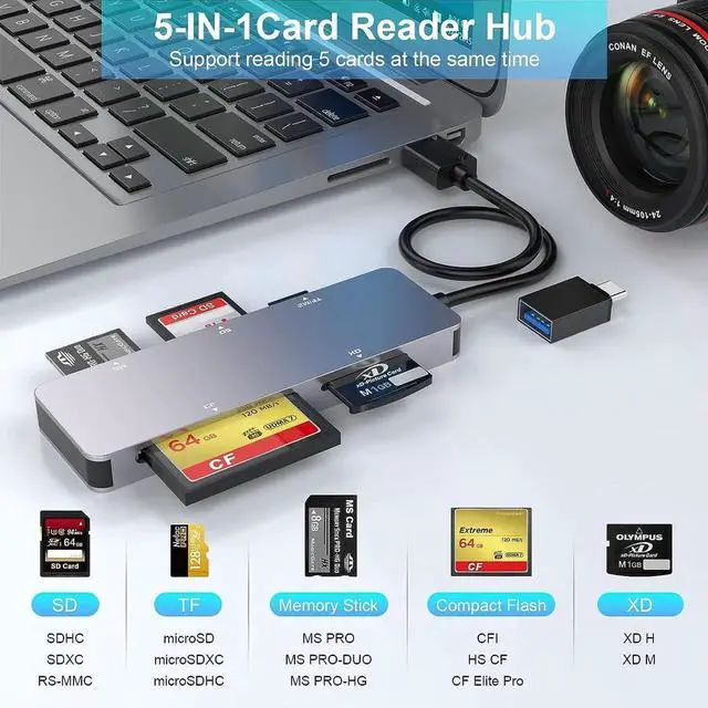 Alt view image 5 of 7 - USB C USB3.0 Multi Card Reader, 6-in-1 SD Card Reader USB for SD/CF/TF/XD/MS/M2 Memory Card, Micro SD Memory Card Reader 5Gbps Read and Write Compatible with Windows XP/Vista/7/8/10, Mac OS, Linux