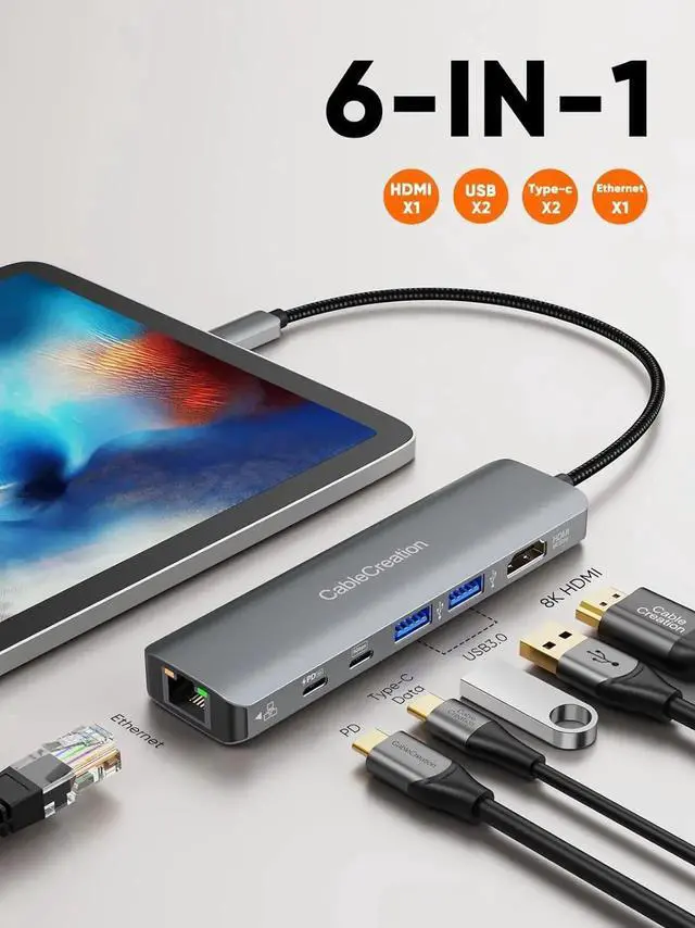 Alt view image 2 of 7 - USB C Hub Multiport Adapter,CableCreation 8K HDMI Ethernet Docking Station,6 in 1 USB C Power Delivery 100W Charging Port,USB-C Data Port,2 USB 3.0 Ports for MacBook Pro/Air,iPad Pro, XPS