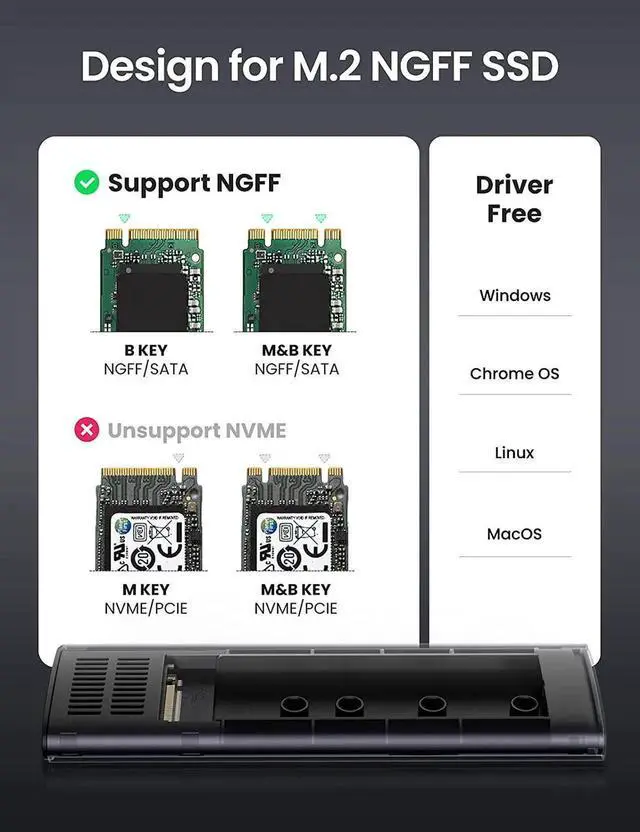 Alt view image 5 of 7 - M.2 SATA NGFF SSD Enclosure Aluminum USB 3.1 Gen 2 to B-Key 5Gbps w UASP External Solid State Drive Enclosure Compatible for Samsung WD Crucial Kingston Tool Free 2280 2260 2242 2230
