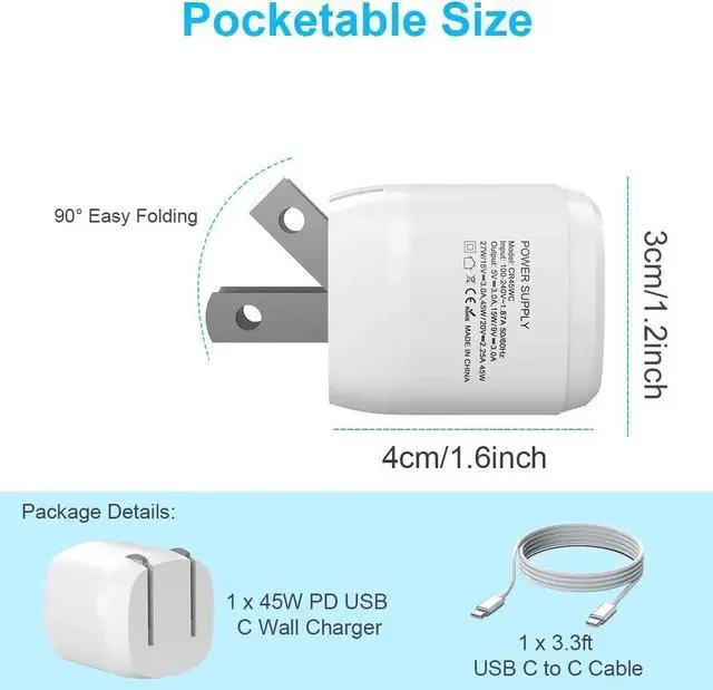Alt view image 6 of 7 - 45W USB C Charger, [GaN Fast] 45W Super Fast Charger, PPS Charging, Compact Foldable Charger for MacBook Pro 13, Galaxy S21/S21+/S20, Note 20/10, iPhone 13/Pro/Mini/Pro Max, iPad Pro, Pixel, and More