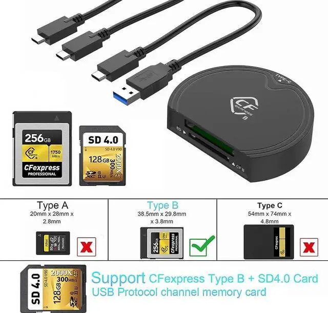 Alt view image 3 of 7 - CFexpress Type B and SD UHS-II Dual-Slot Memory Card Reader,USB 3.2 Gen 2 Type B CFexpress Adapter Memory Card Reader with USB C to USB C/USB A Cable,Compatible with Windows/Mac/Linux/Android