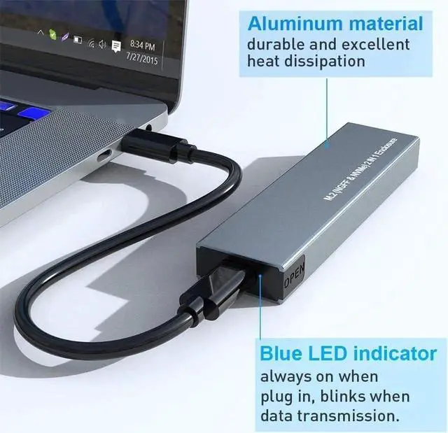 Alt view image 6 of 7 - M.2 NVME SATA SSD Enclosure Adapter, USB 3.2 Gen 2 (10 Gbps) to NVME PCI-E SATA M-Key/(B+M) Key Solid State Drive External Enclosure Support UASP Trim for NVME/SATA SSDs 2242/2260/2280