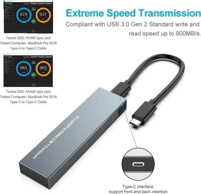 Alt view image 2 of 7 - M.2 NVME SATA SSD Enclosure Adapter, USB 3.2 Gen 2 (10 Gbps) to NVME PCI-E SATA M-Key/(B+M) Key Solid State Drive External Enclosure Support UASP Trim for NVME/SATA SSDs 2242/2260/2280