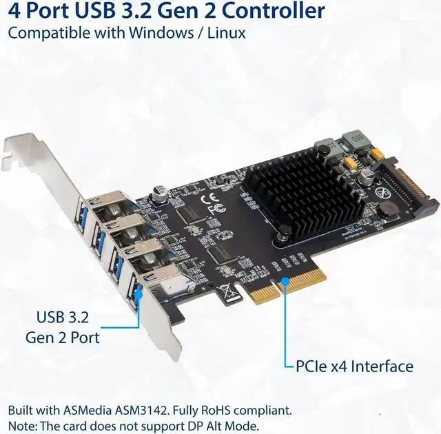 Alt view image 4 of 5 - USB 3.1 Gen 2 10 Gbps 4 Port Type-A PCI-e 3.0 x4 ASMedia ASM3142 Controller,SI-PEX20233