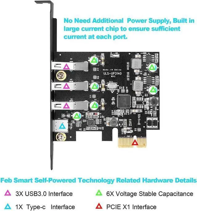 Alt view image 2 of 7 - PCI-E to USB 3.0 Type A+Type C Expansion Card FL110 Chipset 5Gbps for Desktop PC Host Card Support Linus, Windows 10/8/7/XP and MAC OS 10.8.2 Above (1X USB-C + 3X USB-A+Low-Profile Bracket)