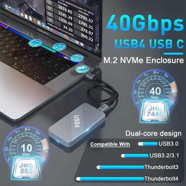 Alt view image 7 of 7 - 40Gbps M.2 NVMe SSD Enclosure, Aluminum USB4 External Hard Drive Enclosure for Thunderbolt 3/4 USB4.0/3.2/3.1/3.0, Thunderbolt 4 M.2 SSD External Enclosure Support 2280B+M M-Key PCIe with USB C Cable