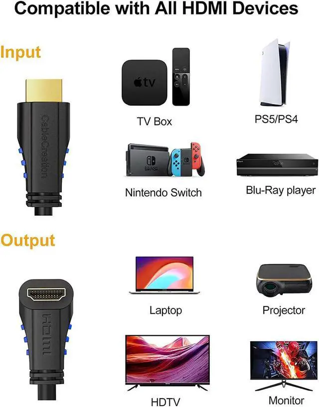 Alt view image 6 of 7 - HDMI 2.0 Cable, CableCreation 6 Feet 4K (60Hz) Down Angle 90 Degree Down HDMI Cable with Gold Plated Connector, Support Ultra HD, 3D Video, Ethernet, Audio Return Channel, Black