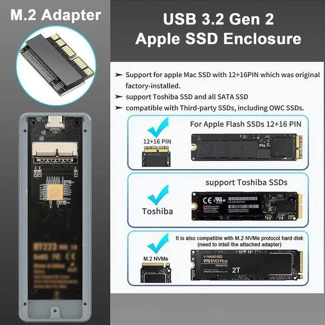 Alt view image 4 of 7 - USB C 3.2 MacBook SSD Enclosure for 12+16 PIN MacBook SSDs, Apple SSD Enclosure Adapter Supports for MacBook Pro,MacBook Air, Mac Pro, iMac from 2013 to 2017 Original Enclosure, with M.2 Adapter