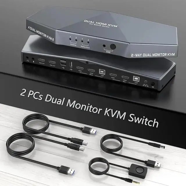Main image of 2 PCs Dual Monitor KVM Switch 4K, HDMI KVM Switch Dual Monitor Suitable for 2 Computers + 2 Monitors with Audio, USB Powered, Hotkey Switch, 4K Monitor hdmi Switch with Cables