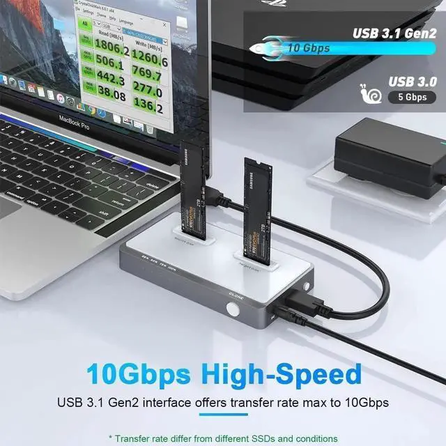 Alt view image 2 of 7 - 10Gbps Dual-Bay NVMe M.2 Duplicator Docking Station Offline Clone USB C to NVME SSD Enclosure for M Key NVMe PCIe 2242 2260 2280 22110 M.2 SSDs (NVMe Docking Station Tool-Free Dual-Bay)