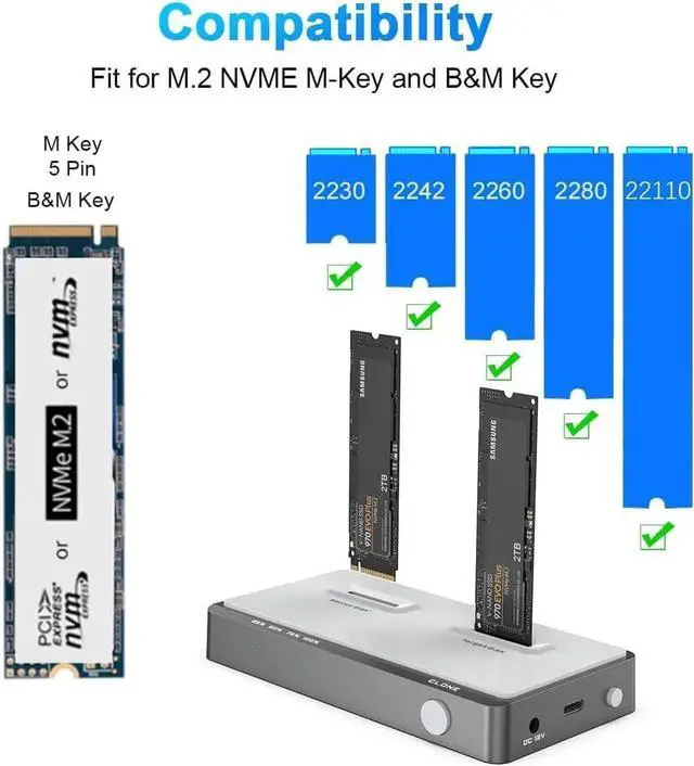 Alt view image 5 of 7 - 10Gbps Dual-Bay NVMe M.2 Duplicator Docking Station Offline Clone USB C to NVME SSD Enclosure for M Key NVMe PCIe 2242 2260 2280 22110 M.2 SSDs (NVMe Docking Station Tool-Free Dual-Bay)