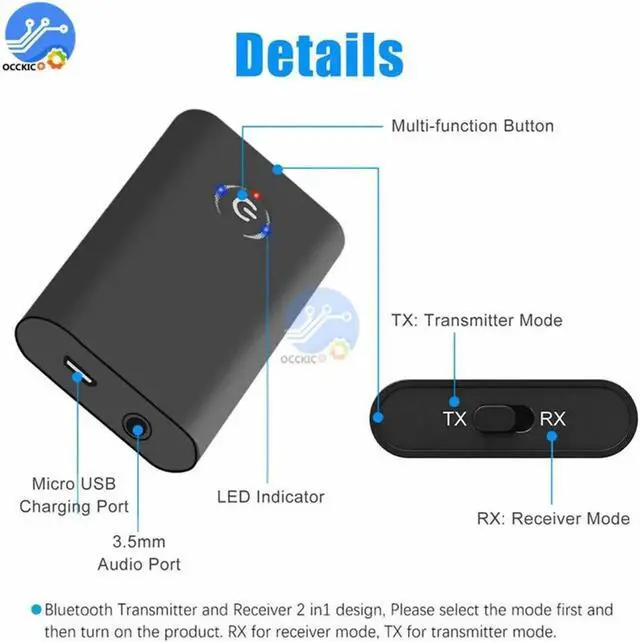 Alt view image 4 of 5 - 5.0 Transmitter Receiver Wireless Audio Adapter 2 in 1 A2DP 3.5mm Jack Aux Adapter For PC TV Headphone Car