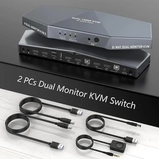 Main image of 4K@60HZ 2 PCs Dual Monitor KVM Switch, HDMI KVM Switch Dual Monitor Suitable for 2 Computers + 2 Monitors with Audio, USB Powered, Hotkey Switch, 4K Monitor hdmi Switch with Cables