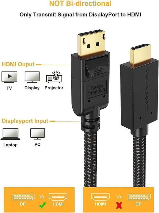 Alt view image 3 of 7 - DisplayPort to HDMI Cable 4K, CableCreation 6FT Braided DP to HDMI Cable, Support Eyefinity Multi-Screen, 4K & 3D Audio/Video Converter, 1.83M / Black