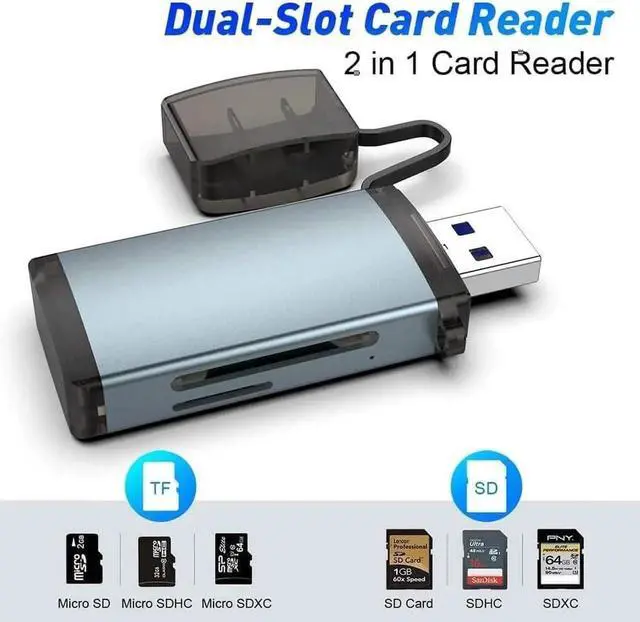 Alt view image 3 of 7 - USB3.0 SD Card Reader, [All Metal] USB 3.0 Dual Slot Memory Card Reader for SDXC, SDHC, SD, MMC, RS-MMC, Micro SDXC, Micro SD, Micro SDHC Card Read 2 Cards Simultaneously