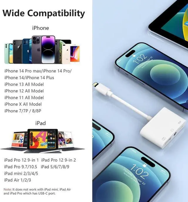 Alt view image 6 of 7 - USB + 3.5mm AUX Adapter for iPhone/iPad, USB Camera Adapter and 3.5mm Headphone Audio Jack Adapter with iPhone Charger Splitter, 3 in 1 USB OTG Adapter for iPhone iPad,USB Flash Drive, Keyboard, Mouse