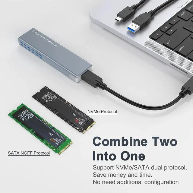 Alt view image 4 of 7 - M.2 NVMe and SATA SSD Enclosure Tool-Free, 10Gbps USB 3.1 Gen2 Aluminum M.2 NVME NGFF SSD Enclosure, RGB NVMe SSD Enclosure Supports M and B&M Keys 2280/2230/ 2242/2260 SSDs(with USB C & USB A Cables)