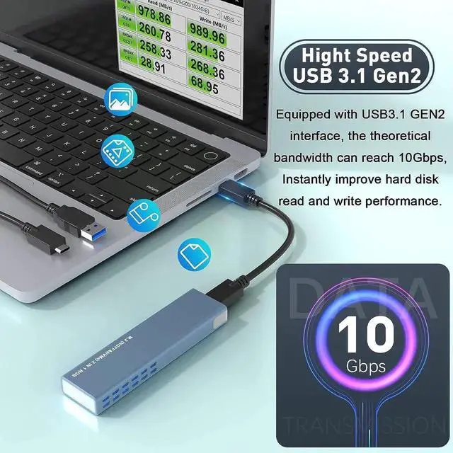 Alt view image 3 of 7 - M.2 NVMe and SATA SSD Enclosure Tool-Free, 10Gbps USB 3.1 Gen2 Aluminum M.2 NVME NGFF SSD Enclosure, RGB NVMe SSD Enclosure Supports M and B&M Keys 2280/2230/ 2242/2260 SSDs(with USB C & USB A Cables)