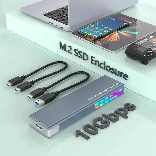 Main image of M.2 NVMe and SATA SSD Enclosure Tool-Free, 10Gbps USB 3.1 Gen2 Aluminum M.2 NVME NGFF SSD Enclosure, RGB NVMe SSD Enclosure Supports M and B&M Keys 2280/2230/ 2242/2260 SSDs(with USB C & USB A Cables)