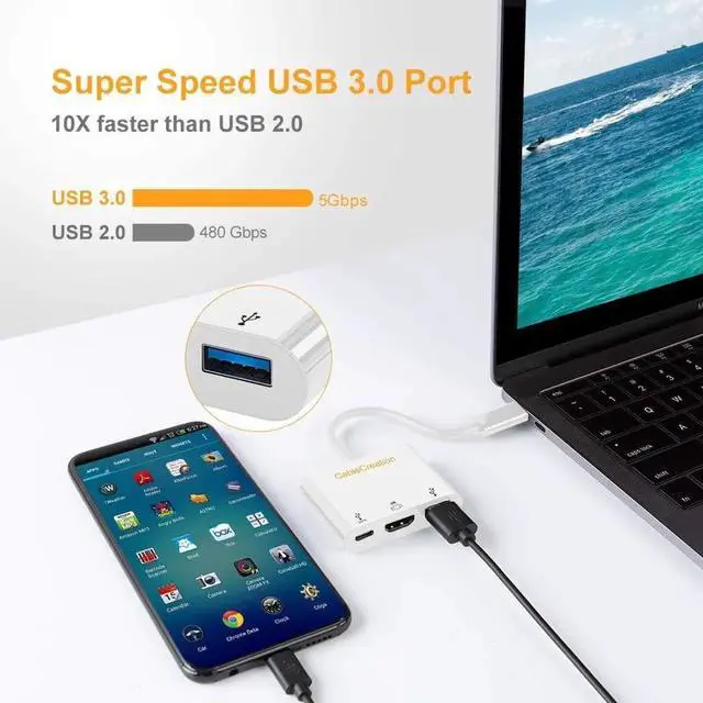 Alt view image 3 of 7 - USB C to 4K HDMI Hub, CableCreation 3-in-1 USB-C Hub with HDMI, USB 3.0 and 60W PD Charging [Thunderbolt 3 Compatible] for MacBook Pro 2017/2018/2019, Dell XPS 13/15, Galaxy Note S10, Yoga 910/920