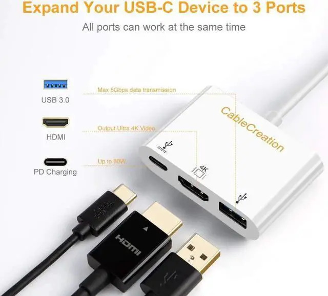 Alt view image 2 of 7 - USB C to 4K HDMI Hub, CableCreation 3-in-1 USB-C Hub with HDMI, USB 3.0 and 60W PD Charging [Thunderbolt 3 Compatible] for MacBook Pro 2017/2018/2019, Dell XPS 13/15, Galaxy Note S10, Yoga 910/920