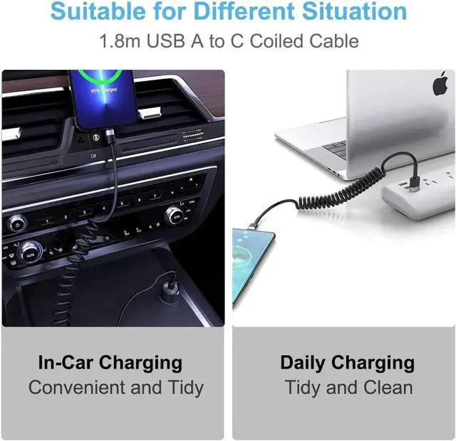Alt view image 5 of 7 - USB Type C Coild Cable for Car, 1.8m/5.9FT Retractable USB C Cable Curly USB A to USB-C Fast Charger Cord for Car,Compatible Samsung Galaxy S10 S9 S8 Plus Note 9 8,LG5/G6/V20, USB C Devices