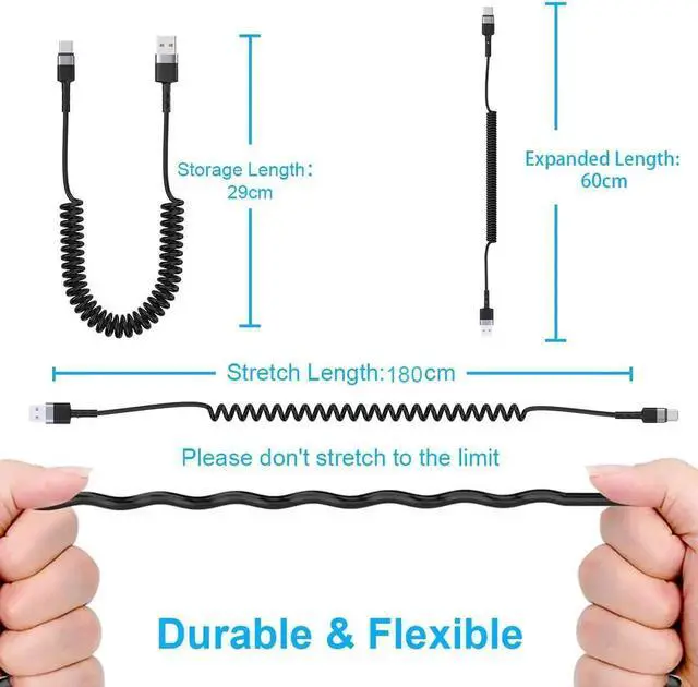 Alt view image 6 of 7 - USB Type C Coild Cable for Car, 1.8m/5.9FT Retractable USB C Cable Curly USB A to USB-C Fast Charger Cord for Car,Compatible Samsung Galaxy S10 S9 S8 Plus Note 9 8,LG5/G6/V20, USB C Devices