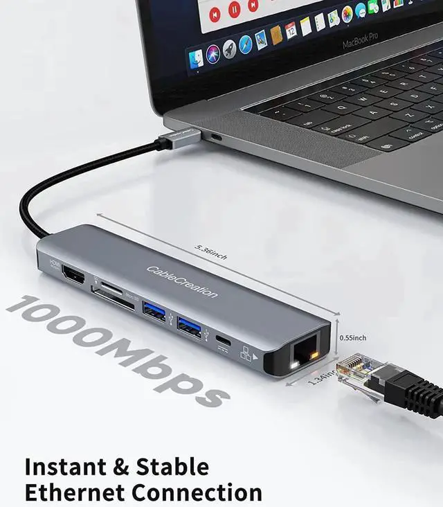 Alt view image 4 of 7 - USB C Hub 4K 60Hz, CableCreation 7-in-1 USB-C Hub Multiport Adapter with HDMI, 1000M Ethernet, 2 USB 3.0 Ports, 100W PD and SD/TF Cards Reader, for MacBook Pro/Air 2020/2019, iPad Pro, XPS