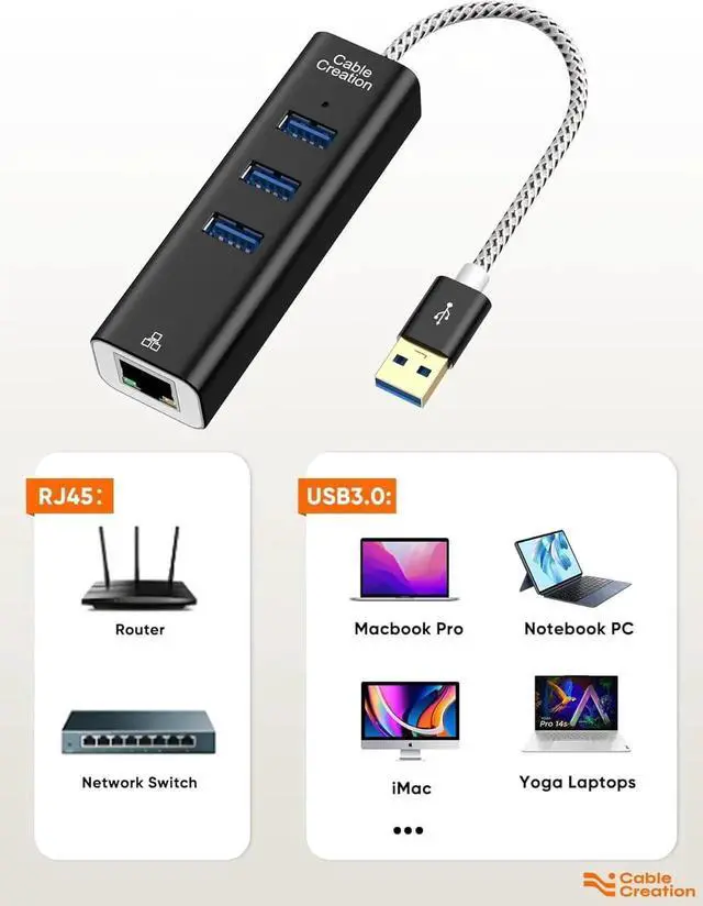 Alt view image 7 of 7 - USB to Ethernet Adapter, CableCreation 3-Port USB 3.0 Hub, USB 3.0 Ethernet Adapter RJ45 10/100/1000 Mbps Gigabit Compatible with Windows PC, Laptop, MacBook Pro, USB Flash Drives etc, Aluminum Black