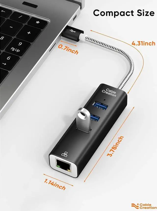 Alt view image 3 of 7 - USB to Ethernet Adapter, CableCreation 3-Port USB 3.0 Hub, USB 3.0 Ethernet Adapter RJ45 10/100/1000 Mbps Gigabit Compatible with Windows PC, Laptop, MacBook Pro, USB Flash Drives etc, Aluminum Black