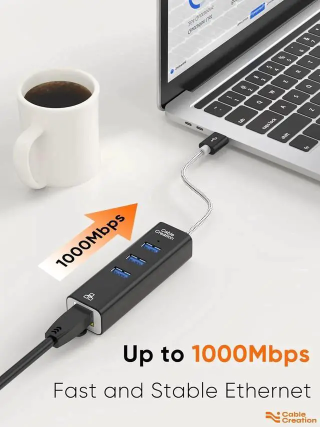 Alt view image 2 of 7 - USB to Ethernet Adapter, CableCreation 3-Port USB 3.0 Hub, USB 3.0 Ethernet Adapter RJ45 10/100/1000 Mbps Gigabit Compatible with Windows PC, Laptop, MacBook Pro, USB Flash Drives etc, Aluminum Black