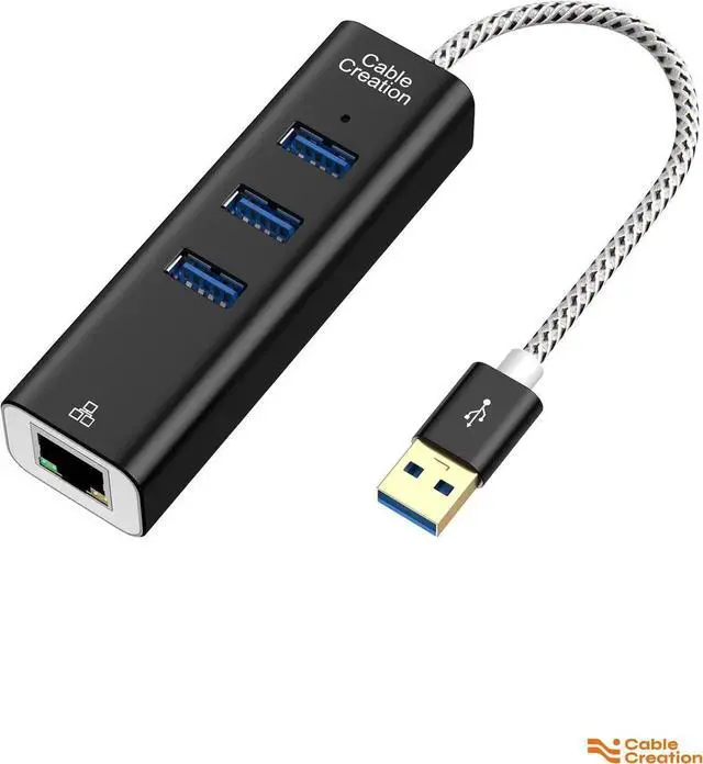 Main image of USB to Ethernet Adapter, CableCreation 3-Port USB 3.0 Hub, USB 3.0 Ethernet Adapter RJ45 10/100/1000 Mbps Gigabit Compatible with Windows PC, Laptop, MacBook Pro, USB Flash Drives etc, Aluminum Black