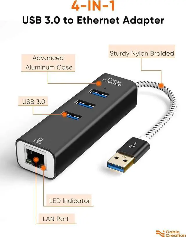 Alt view image 6 of 7 - USB to Ethernet Adapter, CableCreation 3-Port USB 3.0 Hub, USB 3.0 Ethernet Adapter RJ45 10/100/1000 Mbps Gigabit Compatible with Windows PC, Laptop, MacBook Pro, USB Flash Drives etc, Aluminum Black