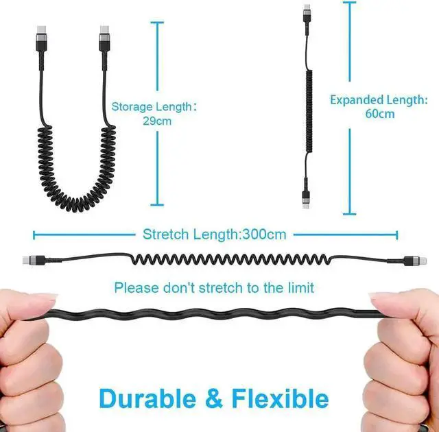 Alt view image 3 of 7 - 60W Coiled USB C Cable for Car, 6FT USB C to USB C Coiled Cable, USB C to C Type Fast Charging Cable Compatible with Samsung GalaxyS21/S21+/S20+ Ultra Note 20, Pixel 4/3 XL, MacBook Pro/Air