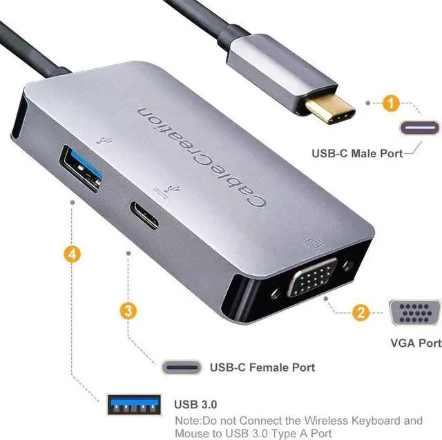 Alt view image 5 of 5 - USB C to VGA Adapter, CableCreation Aluminum 3-in-1 USB-C Hub with 60W PD, 1920x1200@60Hz VGA, USB 3.0 Data Hub for MacBook Pro 2019/2018, XPS 15/13, Surface Book, Galaxy S10, LG G5