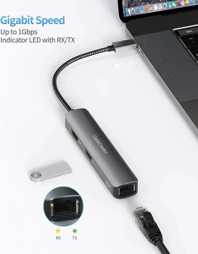 Alt view image 6 of 7 - USB C Hub Multiport Adapter,CableCreation 5-in-1 USB C Adapter Aluminum Shell with 4K HDMI,1Gbps Ethernet,3 USB 3.0 Ports for MacBook Pro/Air 2020/2019,iPad Pro 2020,Surface Go,XPS More Type C Devices
