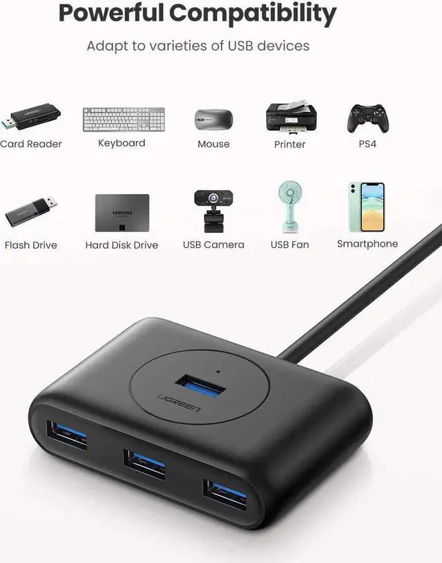 Alt view image 4 of 7 - UGREEN 4 Port USB Hub 3.0 Data Hub with 3ft Portable Extension Cable High Speed Compatible for MacBook Air Mac Mini iMac Pro Microsoft Surface Ultrabooks Black