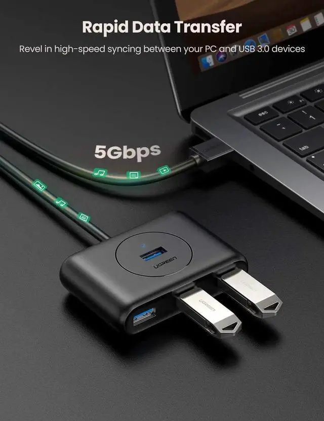 Alt view image 5 of 7 - UGREEN 4 Port USB Hub 3.0 Data Hub with 3ft Portable Extension Cable High Speed Compatible for MacBook Air Mac Mini iMac Pro Microsoft Surface Ultrabooks Black
