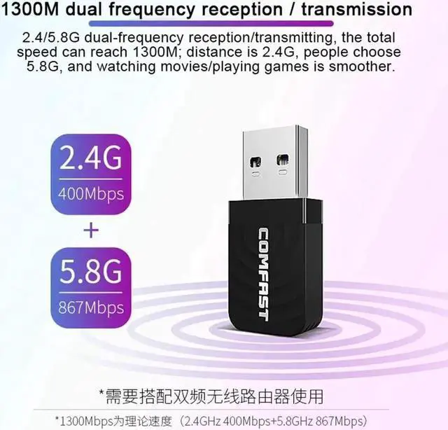 Main image of Frequency 1300M Gigabit USB Mini Portable Unlimited Receiver CF-812AC USB WiFi Adapter- 1300Mbps USB Wireless Network