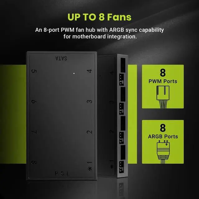 Alt view image 2 of 7 - ID-COOLING HA-08 Fan Hub for Computer Internal Fans, 8 PWM Ports+8 ARGB Ports, ARGB Motherboard Sync, SATA Powered PWM Functional Fan Adapter