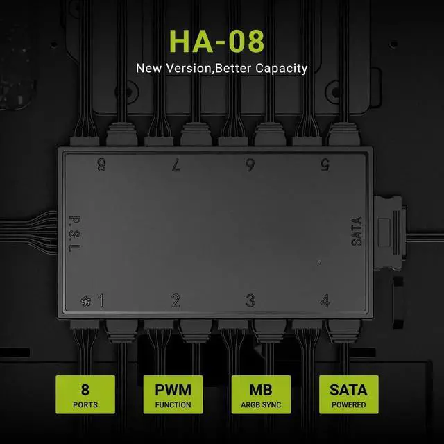 Alt view image 7 of 7 - ID-COOLING HA-08 Fan Hub for Computer Internal Fans, 8 PWM Ports+8 ARGB Ports, ARGB Motherboard Sync, SATA Powered PWM Functional Fan Adapter