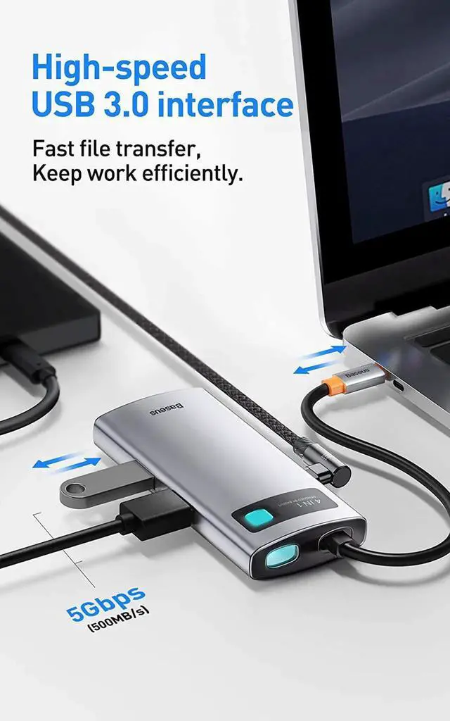 Alt view image 5 of 5 - Baseus 4-in-1 USB C Hub, Type C Hub to 4K/30Hz HDMI Adapter with 100W Power Delivery, USB 3.0/2.0 Data Ports Compatible with MacBook Pro,Dell Laptop and More