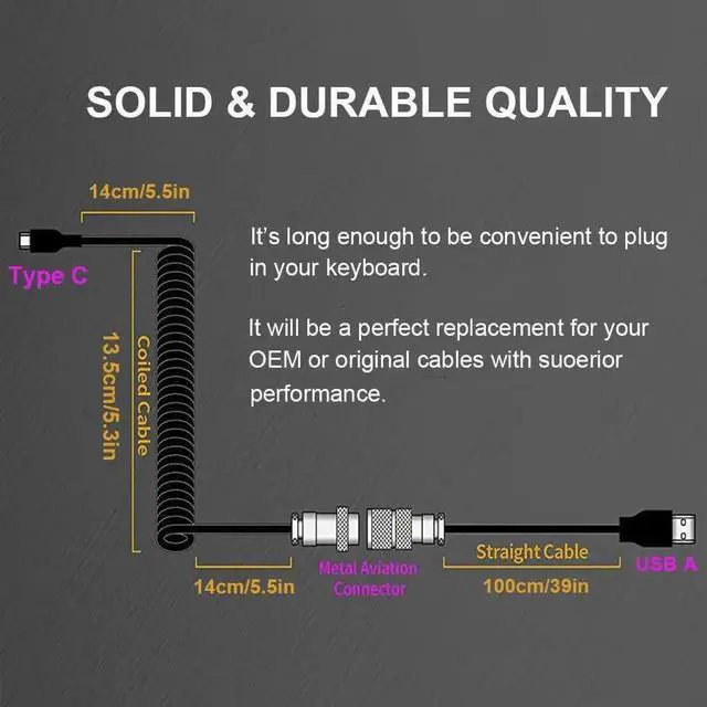 Alt view image 4 of 7 - Custom Coiled USB C Cable for Gaming Keyboard, Double-Sleeved Mechanical Keyboard Cable with Detachable Metal Aviator, 1.5M USB-C to USB-A Extendable Spring Cable