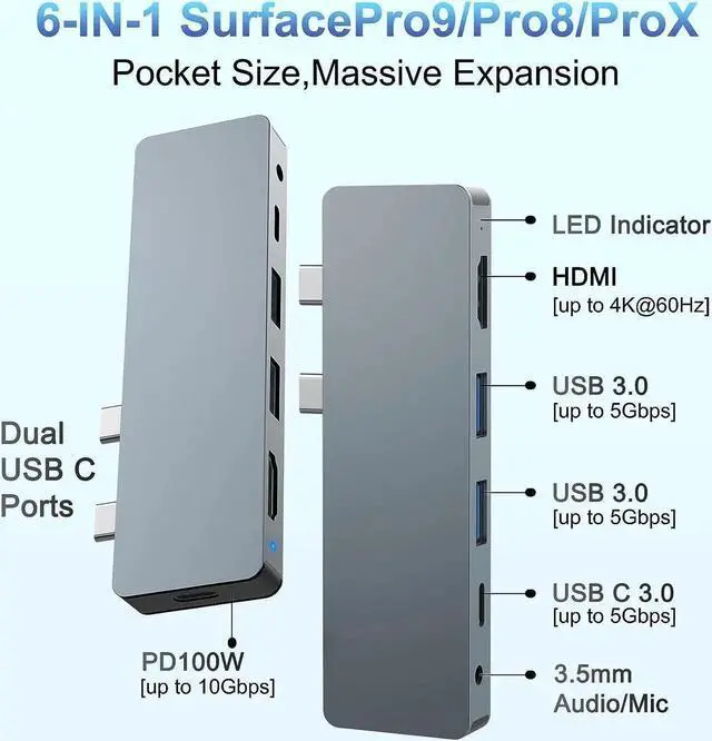 Alt view image 7 of 7 - 4K@60HZ Surface Pro 9 Docking Station Surface Pro 8 Accessories Surface Pro X hub Dock with HDMI, 100W Thunderbolt 4 Port, 3*USB(5Gbps), Audio, 6-IN-2 Surface pro 9 hub for Microsoft Surface Pro 9/8/X