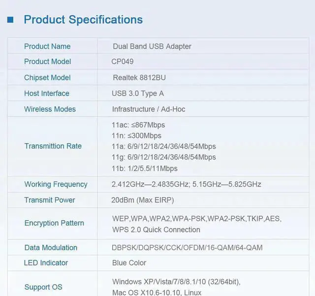 Alt view image 4 of 5 - Wifi Adapter 1200mbps Dual Band 5Ghz 2.4Ghz Adapter 802.11ac RTL8812BU Chipset Aerial Dongle Mini USB Network Card PC