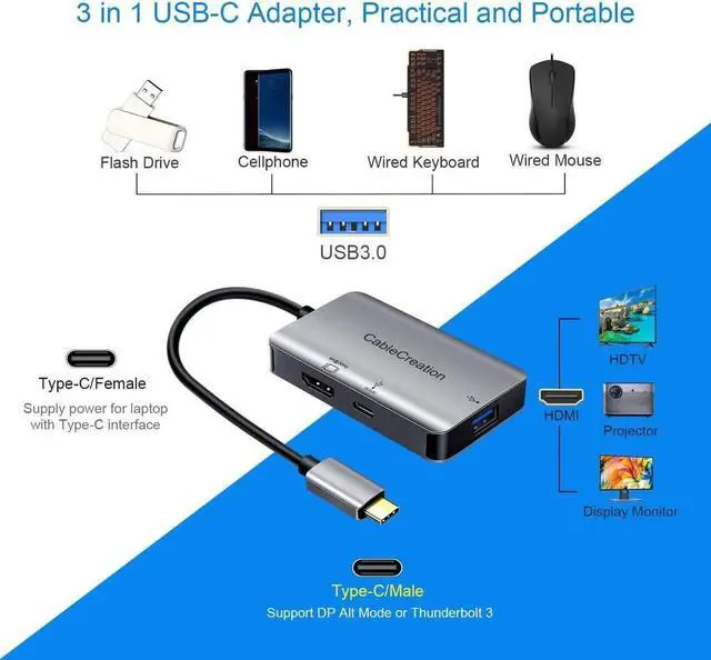 Alt view image 3 of 5 - USB 3.1 Type C to HDMI 4K Adapter with 100W Power Charging+ USB 3.0 3-in-1 Thunderbolt 3 Aluminum Hub, Compatible with MacBook Pro 2019/2018, XPS 13, Yoga 910, Galaxy S10/9 and Dex Supported Cellphone