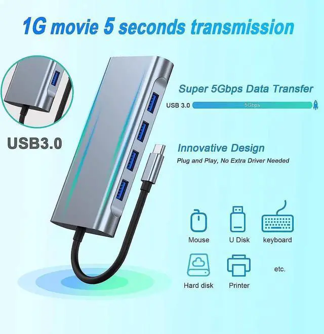 Alt view image 6 of 7 - USB C HUB, USB C Adapter 11 in 1 Dongle with 4K HDMI, VGA, Type C PD, USB3.0, RJ45 Ethernet, SD/TF Card Reader, 3.5mm AUX, Docking Station Compatible with MacBook Pro/Air, Other Type C Laptops Devices