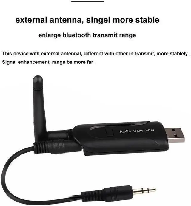 Main image of JAENFONG Bluetooth Transmitter 3.5mm USB Wireless Audio A2DP Stereo Adapter External Antenna for PC Laptop TV Headphones