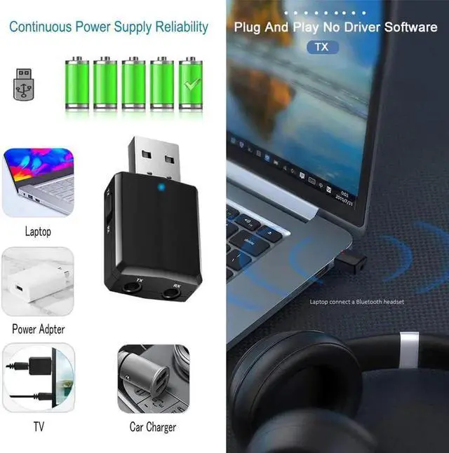 Alt view image 2 of 11 - JAENFONG 3 IN 1 USB Bluetooh 5.0 Audio Receiver Transmitter 3.5 AUX Jack RCA Stereo Wireless Bluetooth Adapter For TV PC Car Music